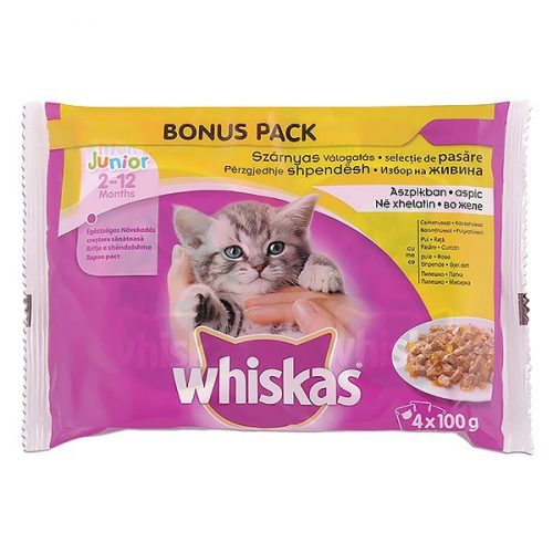 Állateledel alutasakos WHISKAS Junior macskáknak 4-pack szárnyas válogatás 4x100g