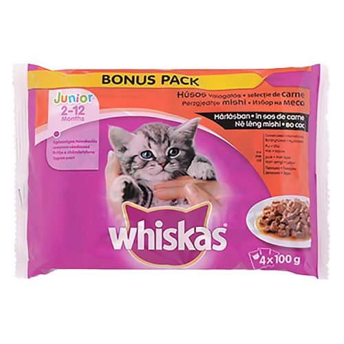 Állateledel alutasakos WHISKAS Junior macskáknak 4-pack húsos 4x100g