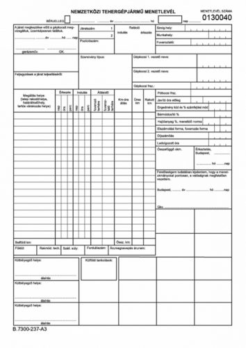 Nemzetközi Tehergépjármű menetlevél 4 oldalas A3